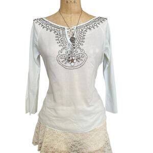 Boho Chic White Beaded Cotton Blouse Lace Up Fairy Cottege Size M
